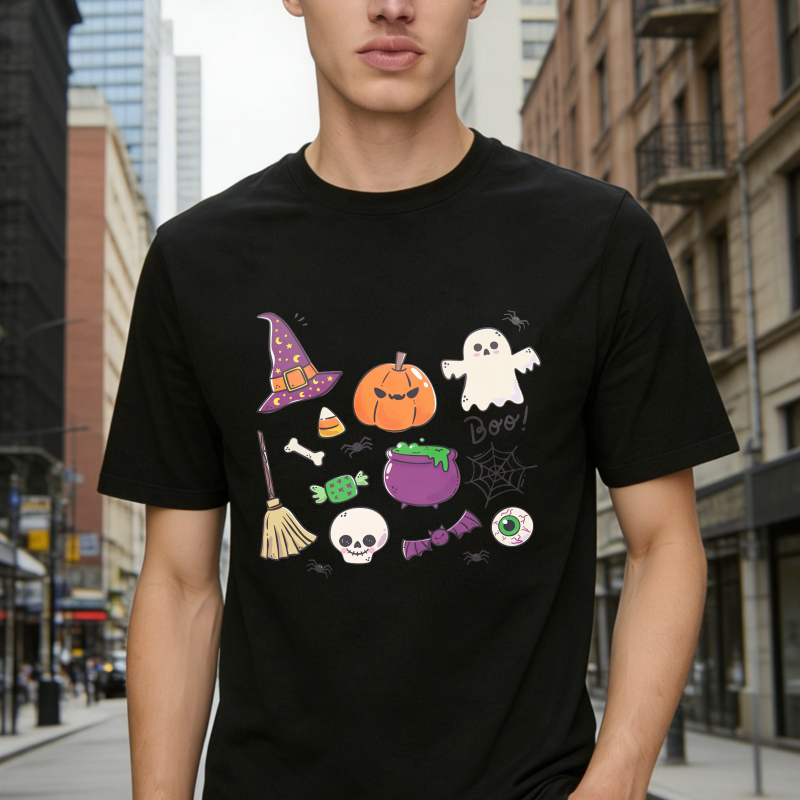 Halloween Witch Hat Pumpkin Ghost Skull Candy Broom Cauldron Spider Web Unisex Classic T Shirt
