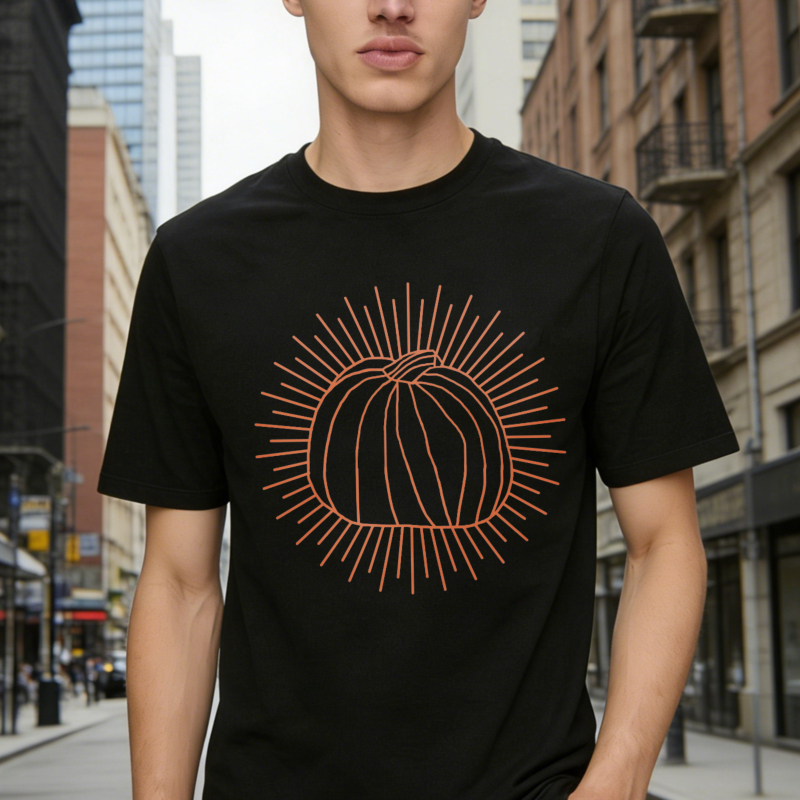 Orange Line Art Pumpkin With Sun Rays Graphic T-shirt