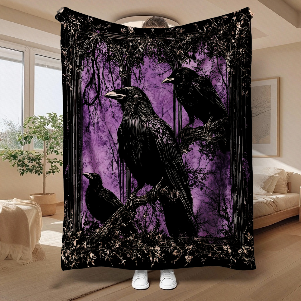 Gothic Crow Throw Blanket, Purple Dark Forest Floral Arch Frame Soft Flannel Blanket
