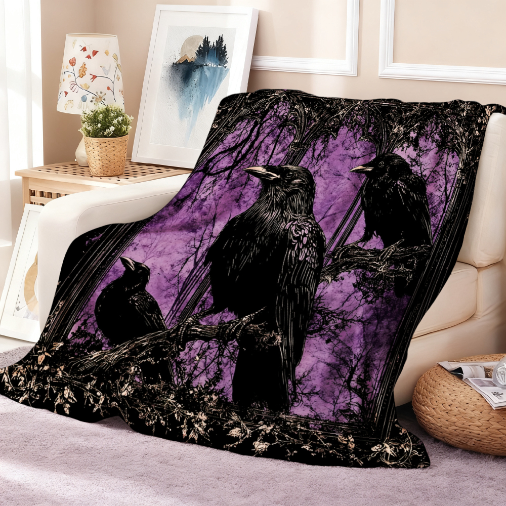 Gothic Crow Throw Blanket, Purple Dark Forest Floral Arch Frame Soft Flannel Blanket