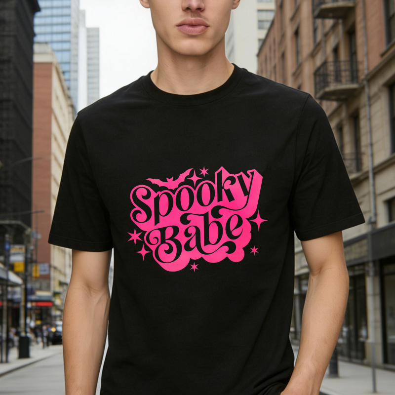 Spooky Babe Pink Retro Gothic Lettering With Bat And Stars Unisex Classic T-shirt