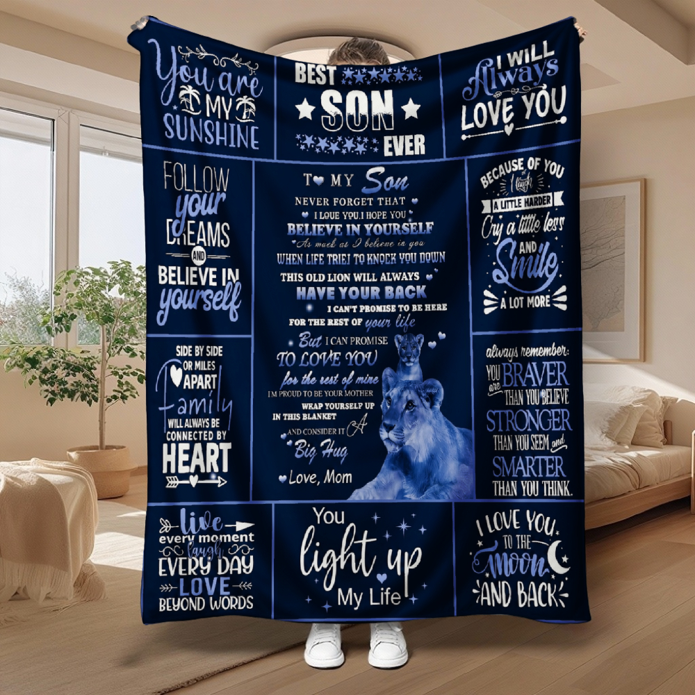 Inspirational Lion Patchwork Throw Blanket, Encouragement Text Flannel Blanket for Son