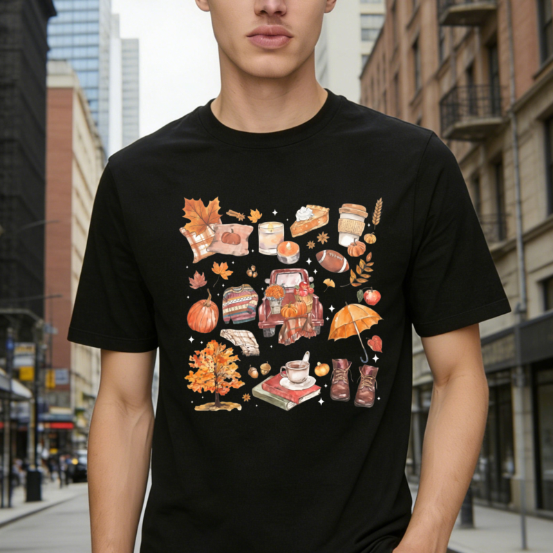 Autumn Fall Aesthetic Collage With Pumpkin Pie Coffee Books Umbrella And Boots T-shirt