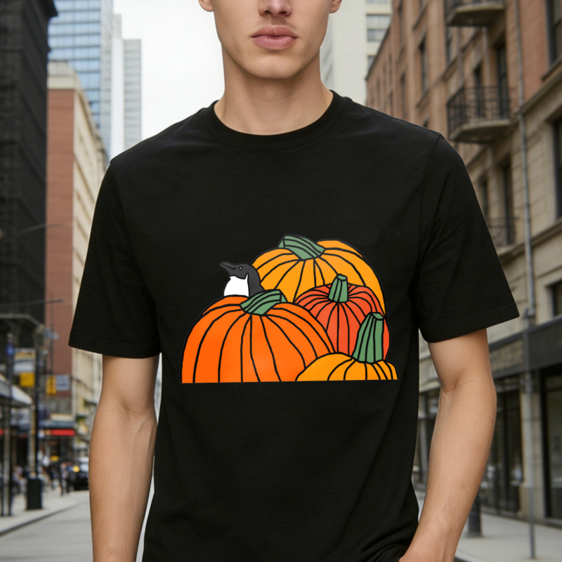 Cute Penguin Hiding In Orange Pumpkins Autumn Harvest Graphic T-shirt