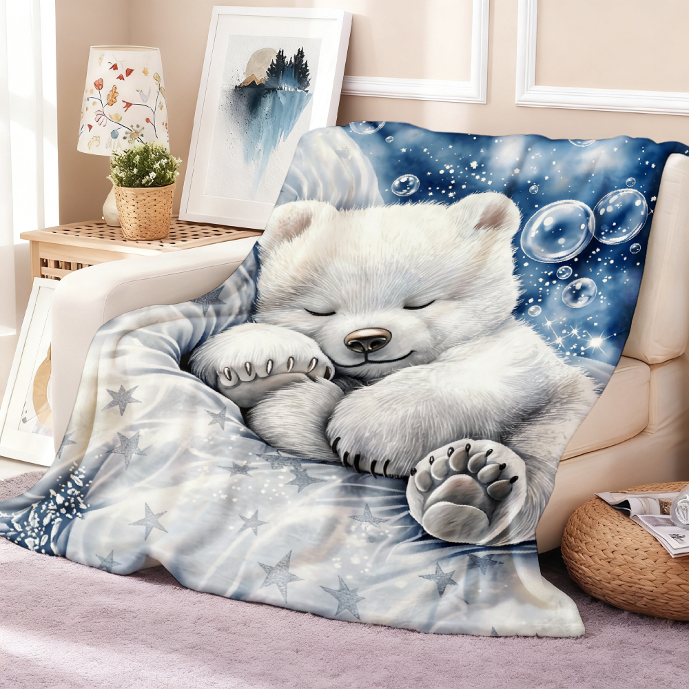 Sleeping Baby Polar Bear Throw Blanket, Starry Sky Bubble Scene Soft Flannel Blanket