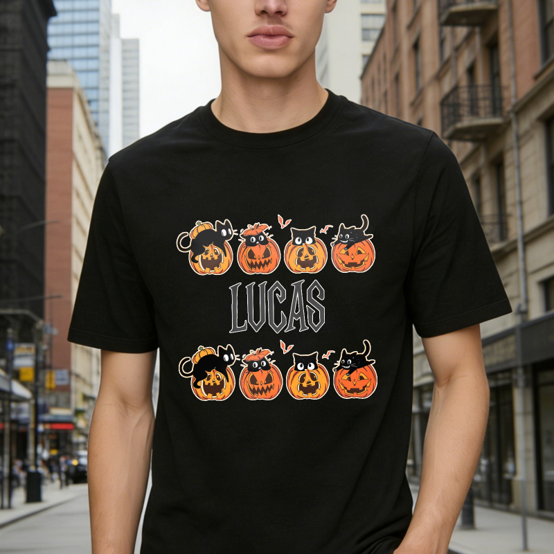 Halloween Pumpkin Cat Witch Hat Personalized Name Lucas Unisex Classic T-shirt