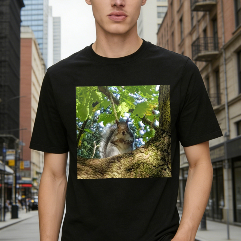 Squirrel Sitting On Tree Branch With Green Leaves Nature Wildlife Photography T-shirt