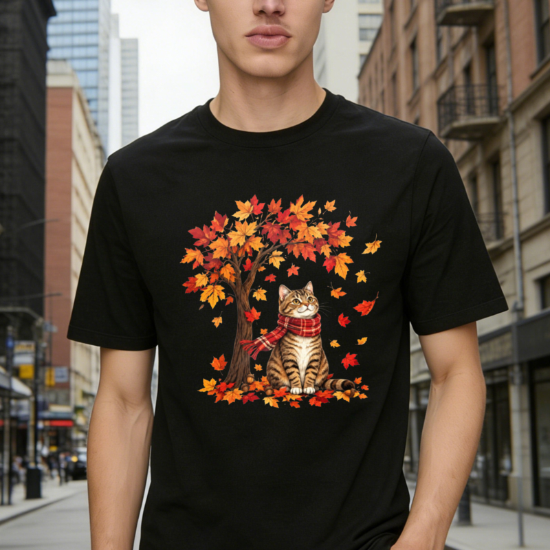 Autumn Cat Under Maple Tree With Falling Leaves And Red Scarf T-shirt