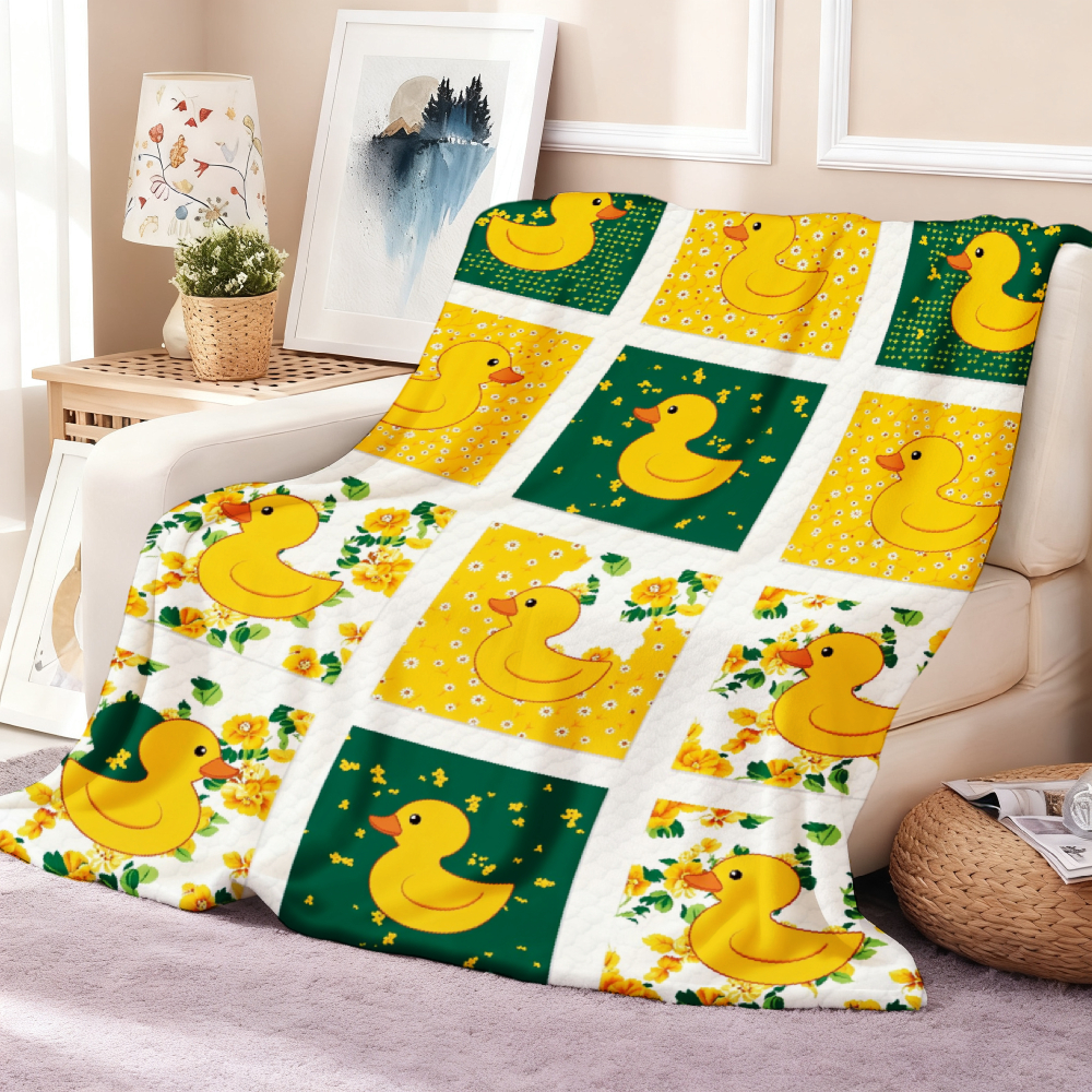 Cute Yellow Rubber Duck Patchwork Throw Blanket, Floral Grid Pattern Soft Flannel Blanket
