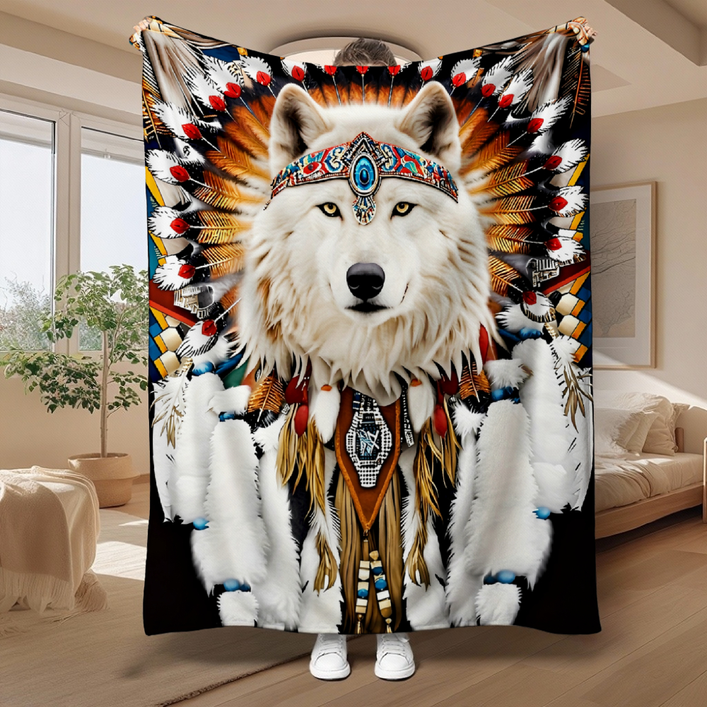 Tribal White Wolf Throw Blanket, Feather Ethnic Ornament Wildlife Soft Flannel Blanket