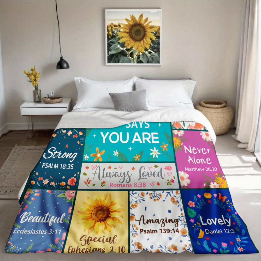Inspirational Scripture Patchwork Throw Blanket, Floral Bible Verse Grid Soft Flannel Blanket