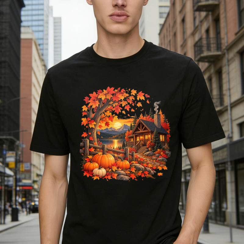 Autumn Cabin With Pumpkins And Fall Leaves Scenic Landscape T-shirt