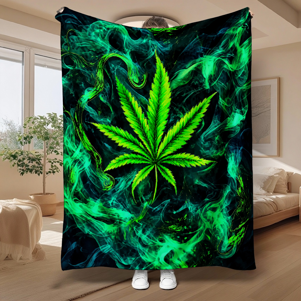 Green Neon Smoke Abstract Throw Blanket, Dark Swirl Mist Art Soft Flannel Blanket