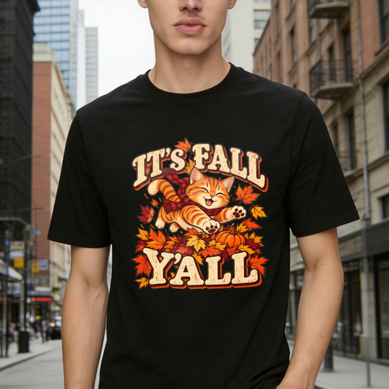 Cute Orange Cat With Autumn Leaves And Pumpkins Its Fall Yall Graphic T-shirt