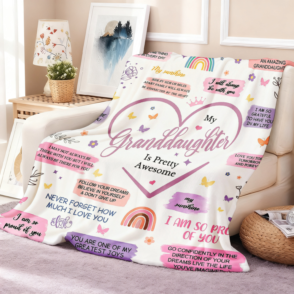 Granddaughter Inspirational Heart Quote Throw Blanket, Rainbow Butterfly Positive Message Soft Flannel Blanket