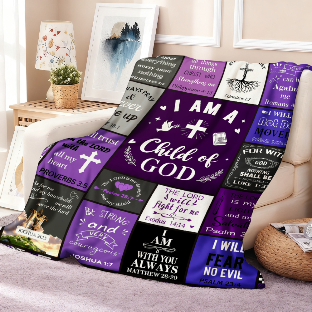 Faith Affirmation Patchwork Throw Blanket, Purple Scripture Grid Soft Flannel Blanket