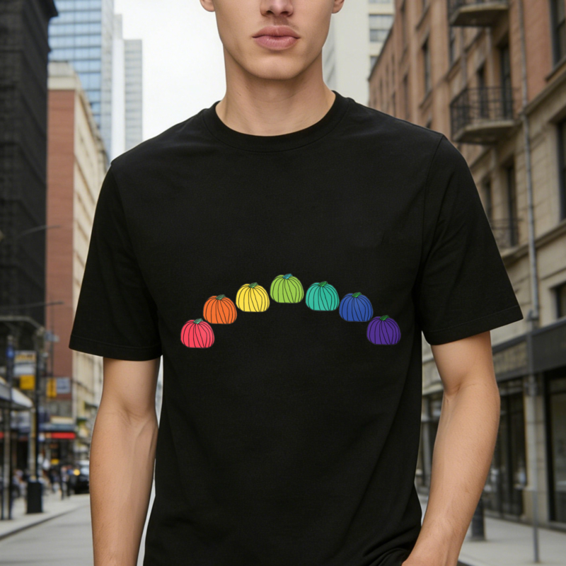 Rainbow Colored Pumpkins Arranged In Arc Pattern T-shirt