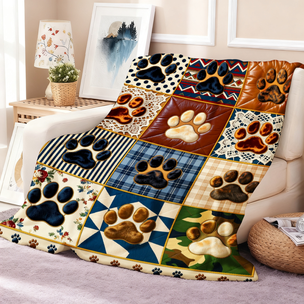 Rustic Paw Print Patchwork Print Throw Blanket – Navy & Brown