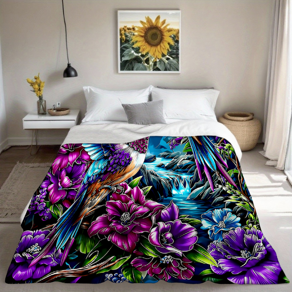 Purple Hummingbird & Floral Throw Blanket