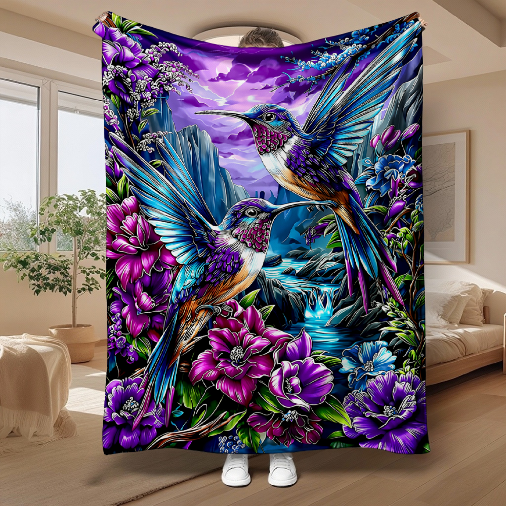 Purple Hummingbird & Floral Throw Blanket