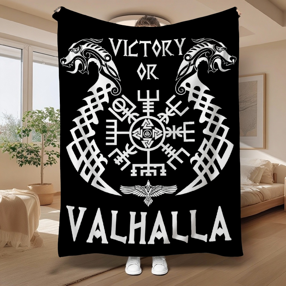 Norse Dragon Compass Symbol Throw Blanket, Nordic Knotwork Art Soft Flannel Blanket