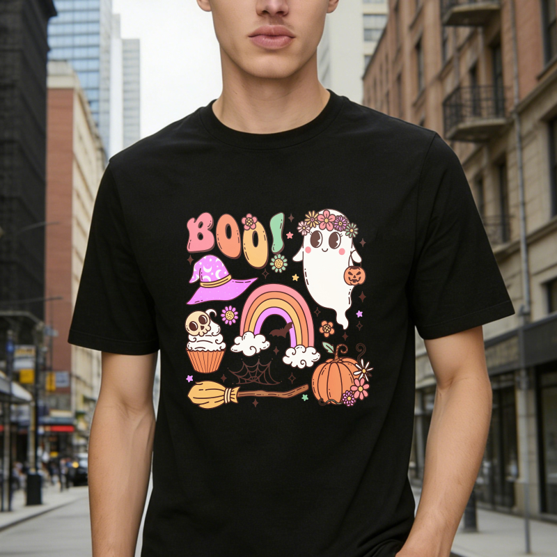 Cute Halloween Ghost Boo Rainbow Witch Hat Pumpkin Cupcake Broomstick Unisex Classic T-shirt