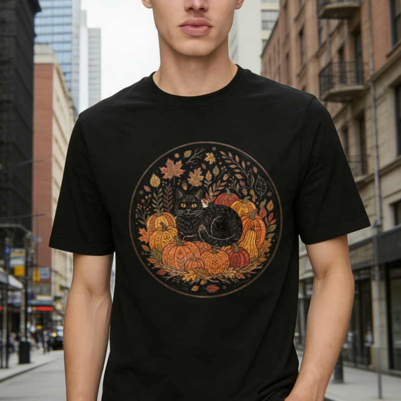 Black Cat With Pumpkins And Autumn Leaves Halloween Harvest Moon Graphic T-shirt