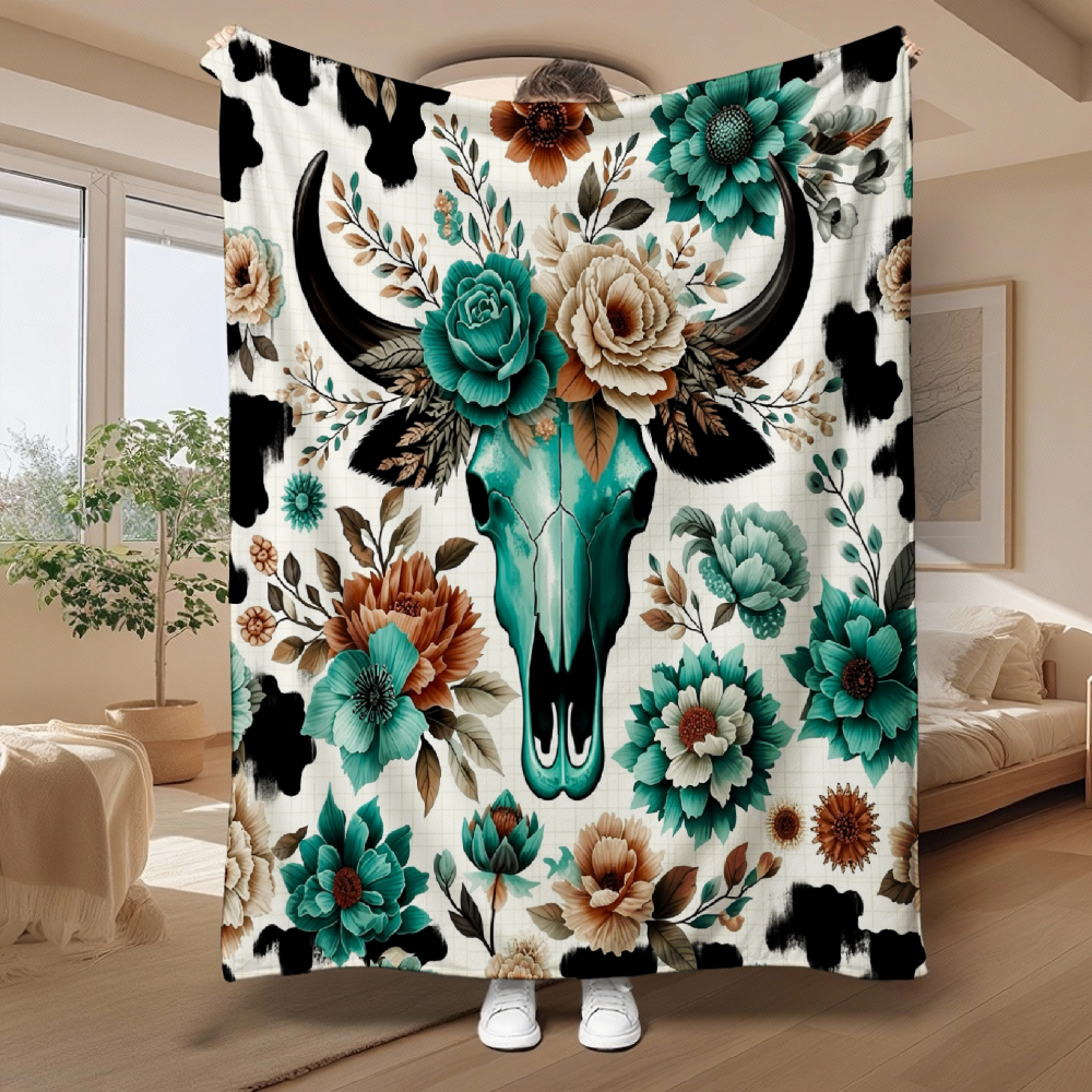 Turquoise Floral Steer Skull Western Throw Blanket