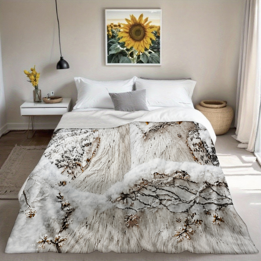 Winter Snowy Owl Couple Throw Blanket, Snow Birch Tree Scene Soft Flannel Blanket