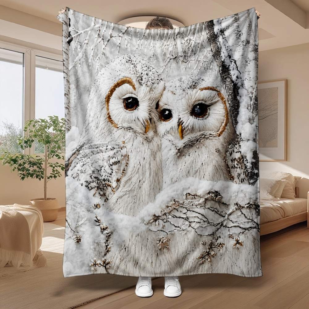 Winter Snowy Owl Couple Throw Blanket, Snow Birch Tree Scene Soft Flannel Blanket