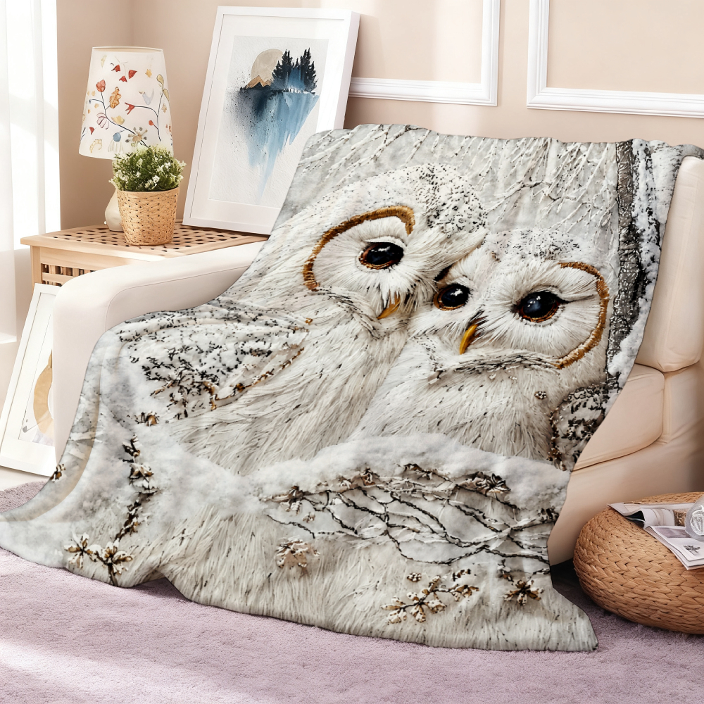 Winter Snowy Owl Couple Throw Blanket, Snow Birch Tree Scene Soft Flannel Blanket