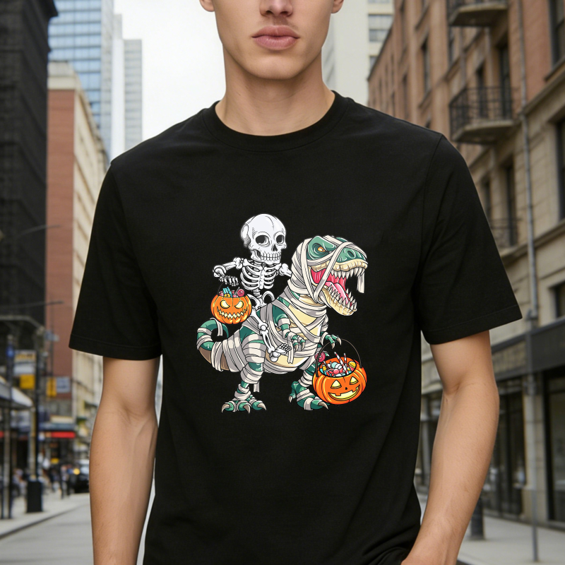 Halloween Skeleton Riding Mummy T Rex With Pumpkin Buckets Unisex Classic T Shirt