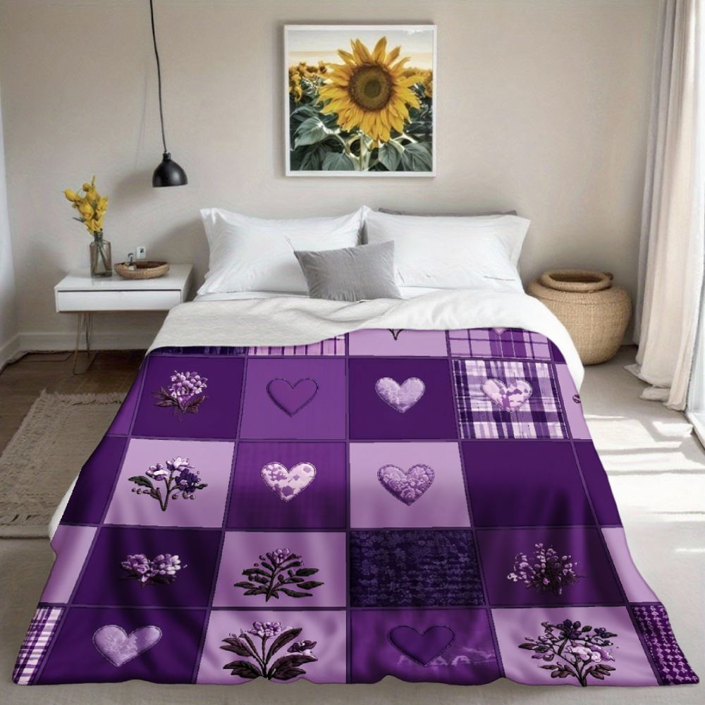 Purple Heart & Floral Plaid Patchwork Print Throw Blanket
