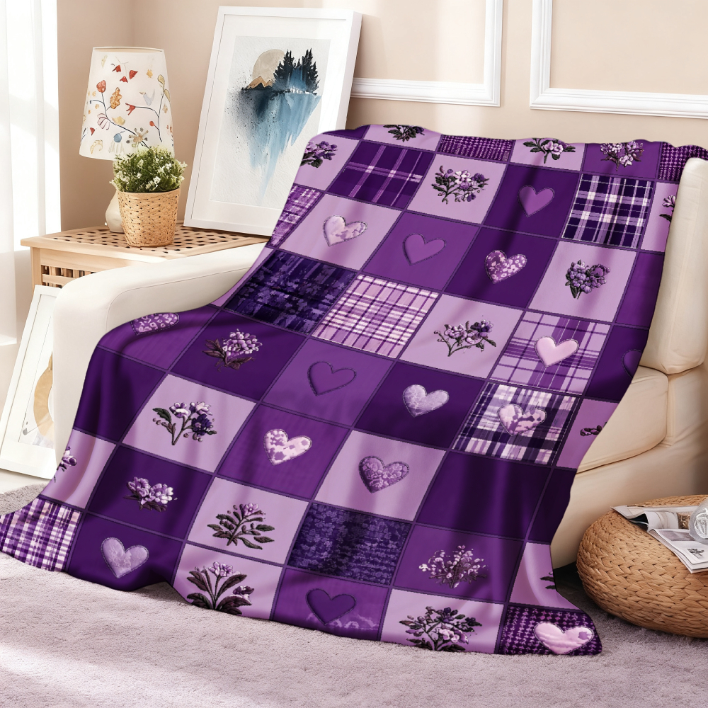Purple Heart & Floral Plaid Patchwork Print Throw Blanket