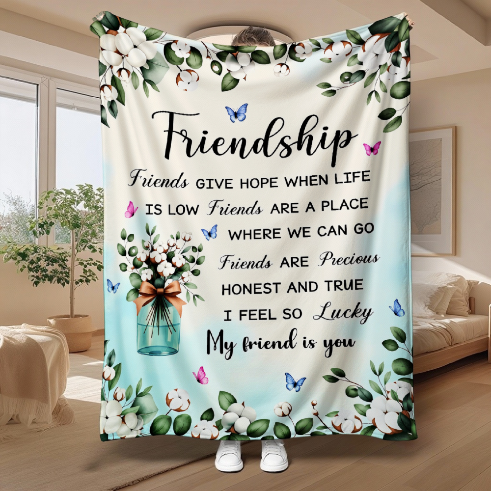 Friendship Message Throw Blanket – Cotton Blossom & Butterfly Print
