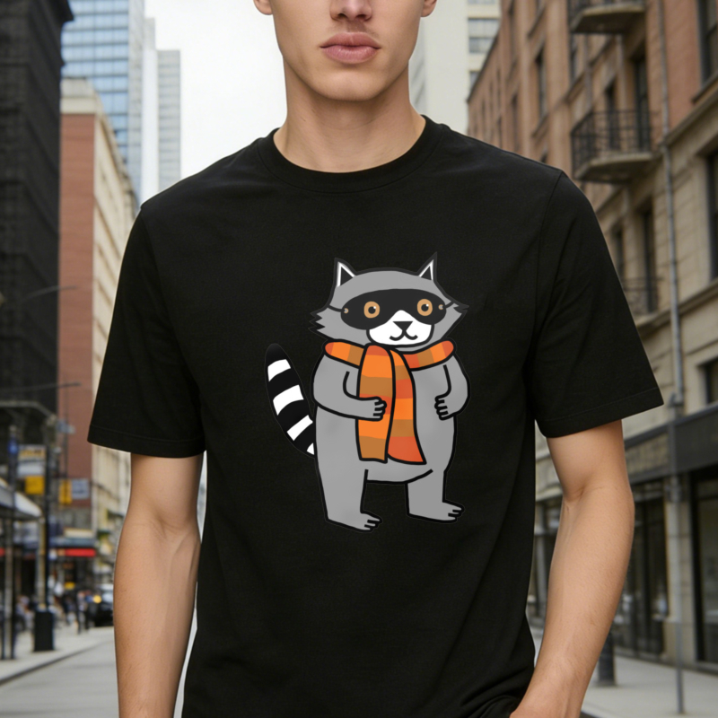 Cute Cartoon Raccoon Wearing Orange Scarf Graphic T-shirt
