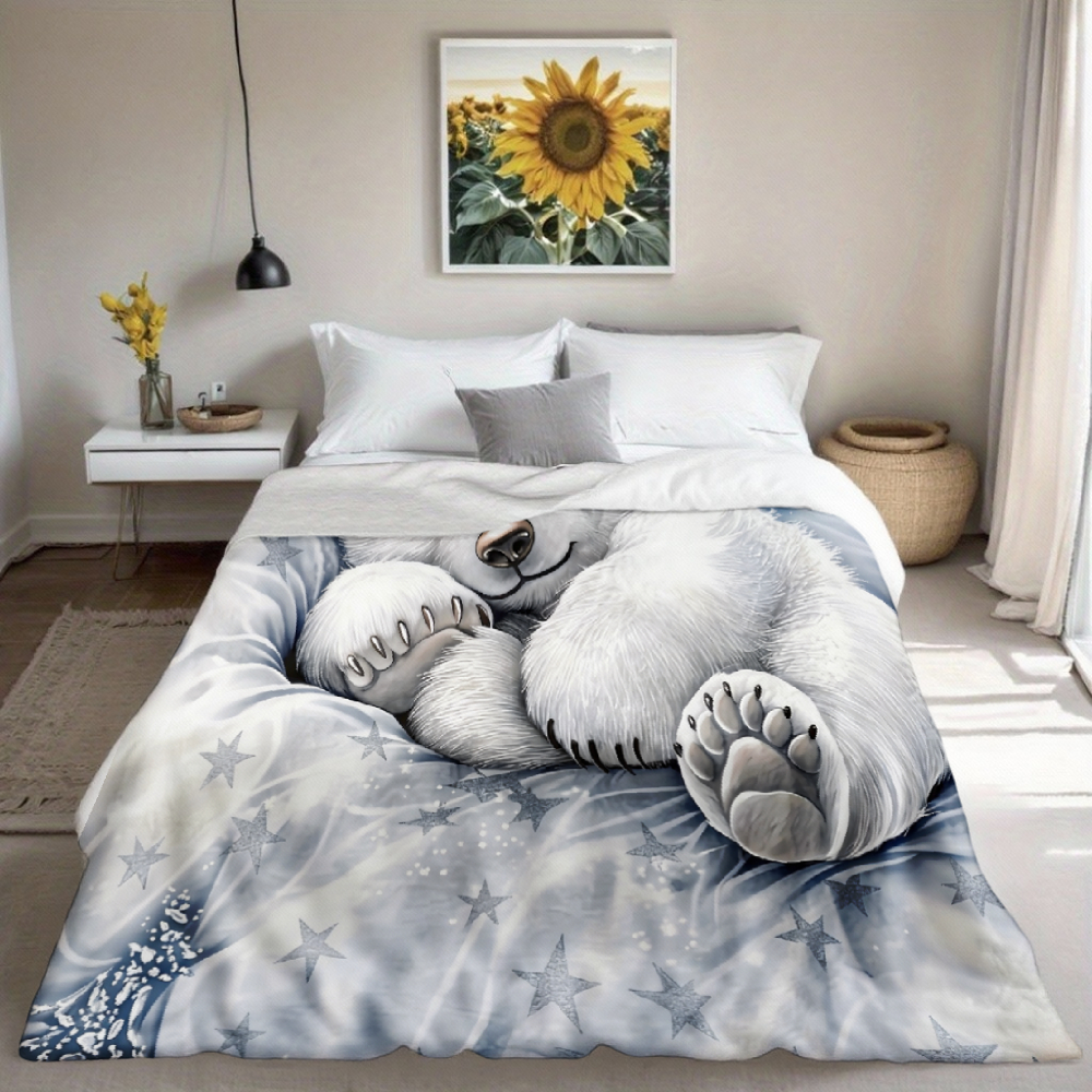 Sleeping Baby Polar Bear Throw Blanket, Starry Sky Bubble Scene Soft Flannel Blanket