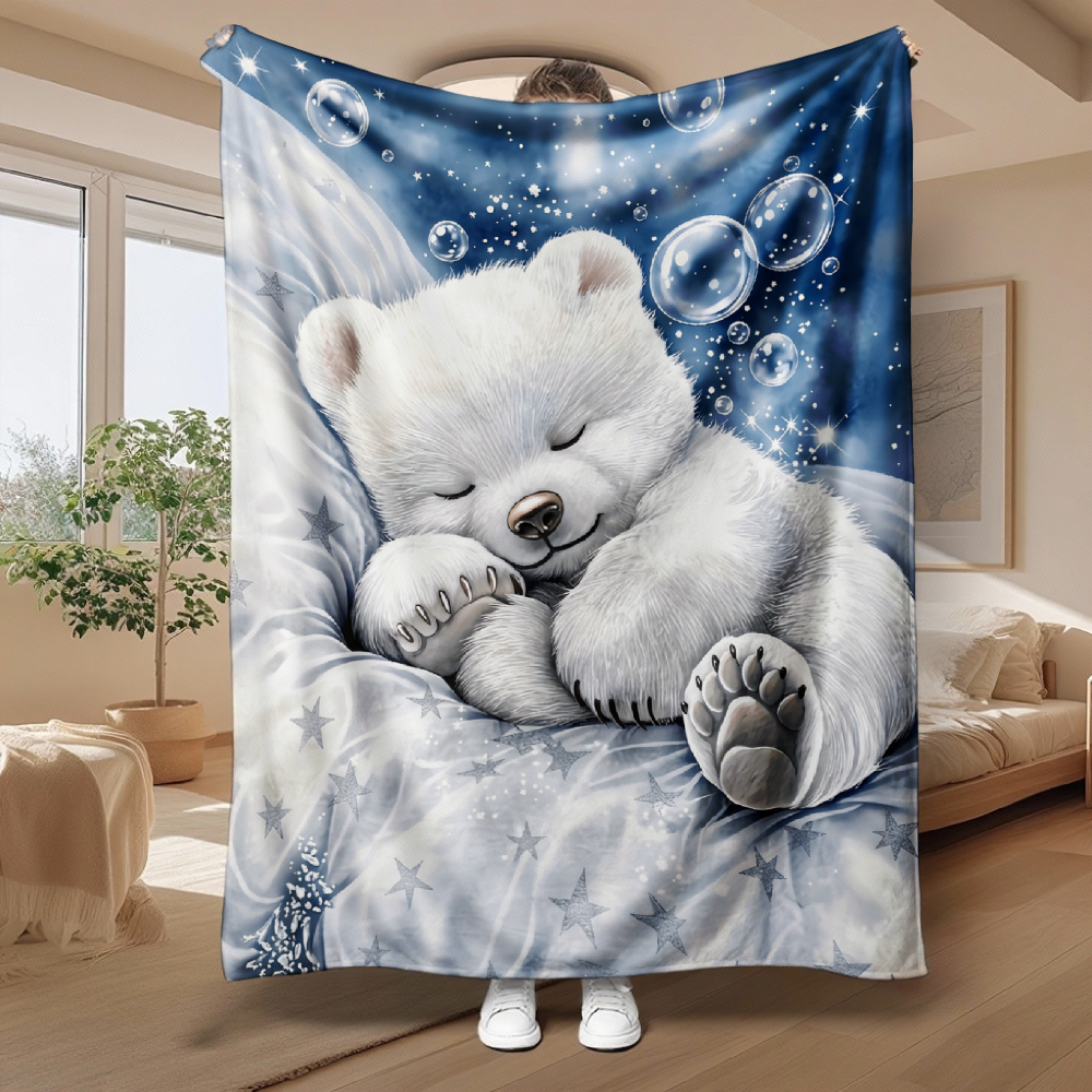 Sleeping Baby Polar Bear Throw Blanket, Starry Sky Bubble Scene Soft Flannel Blanket
