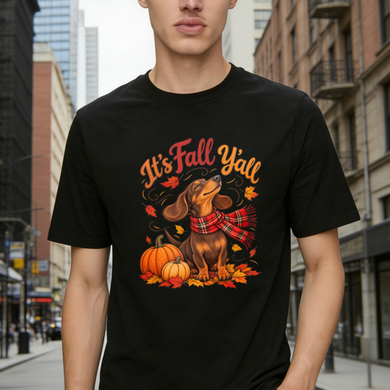 Its Fall Yall Dachshund Dog With Plaid Scarf And Pumpkins Autumn Leaves Graphic T-shirt