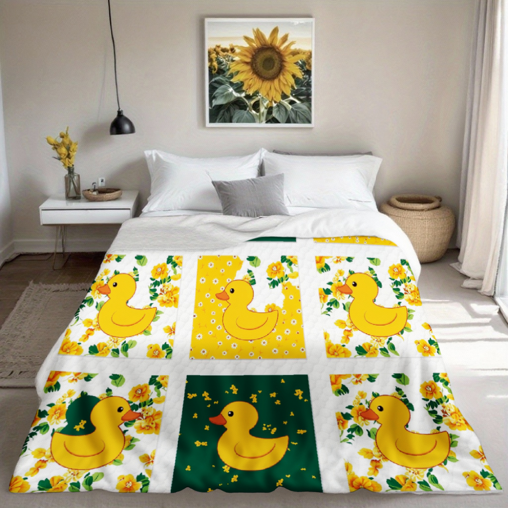 Cute Yellow Rubber Duck Patchwork Throw Blanket, Floral Grid Pattern Soft Flannel Blanket