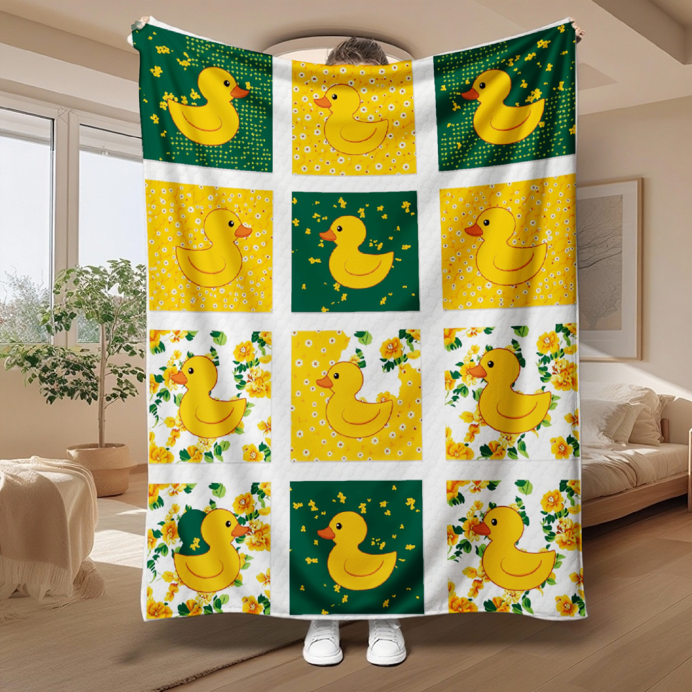 Cute Yellow Rubber Duck Patchwork Throw Blanket, Floral Grid Pattern Soft Flannel Blanket