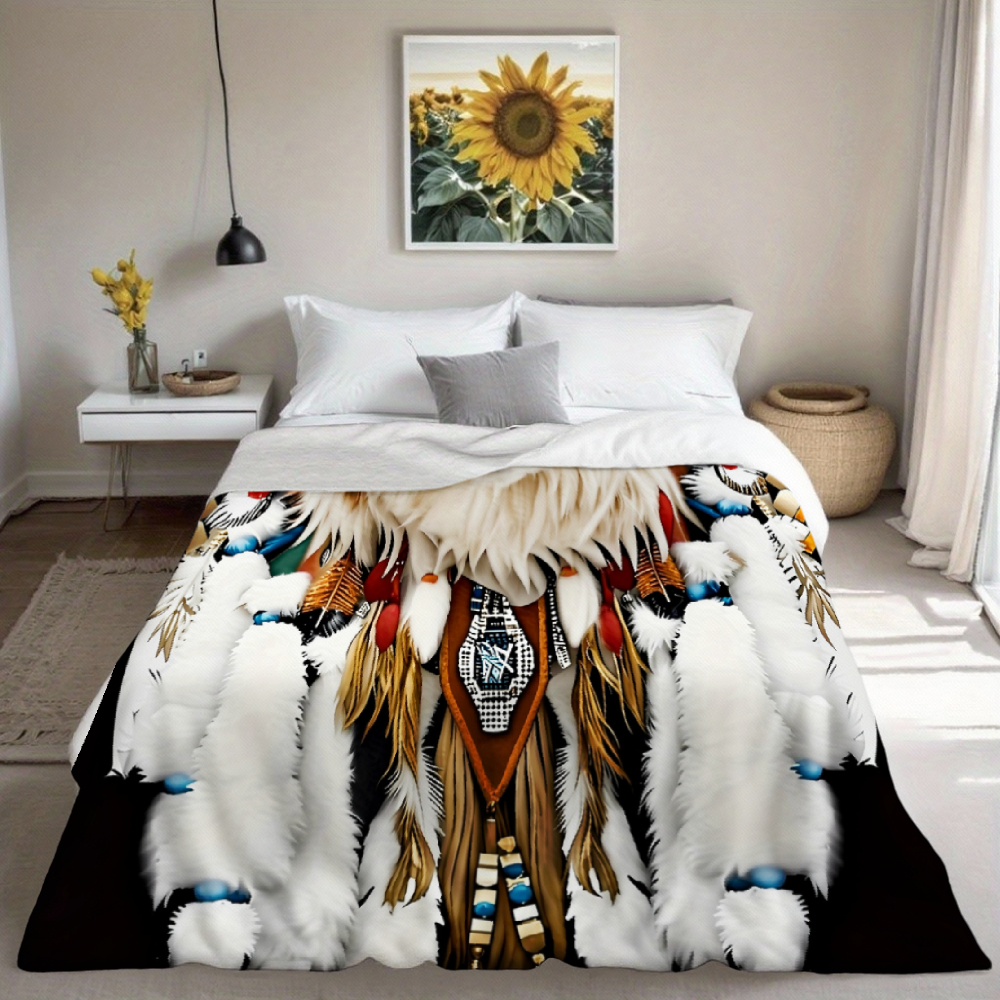 Tribal White Wolf Throw Blanket, Feather Ethnic Ornament Wildlife Soft Flannel Blanket