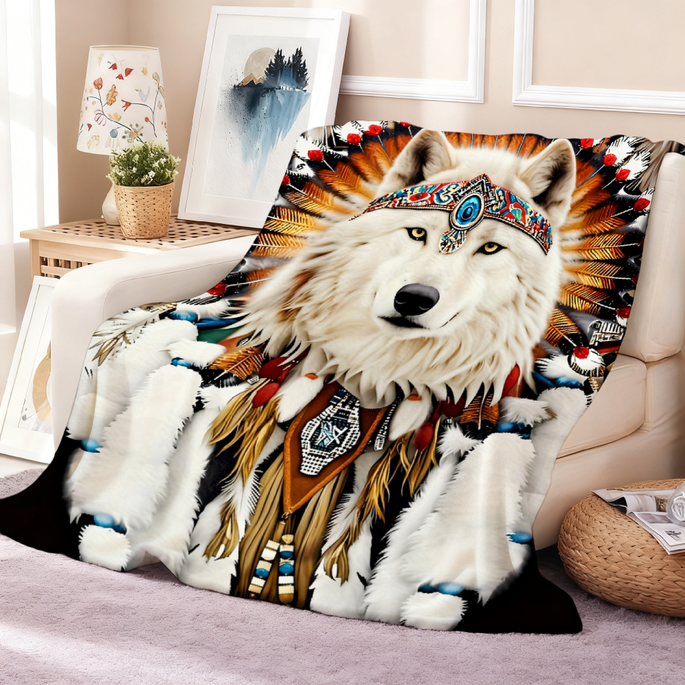 Tribal White Wolf Throw Blanket, Feather Ethnic Ornament Wildlife Soft Flannel Blanket