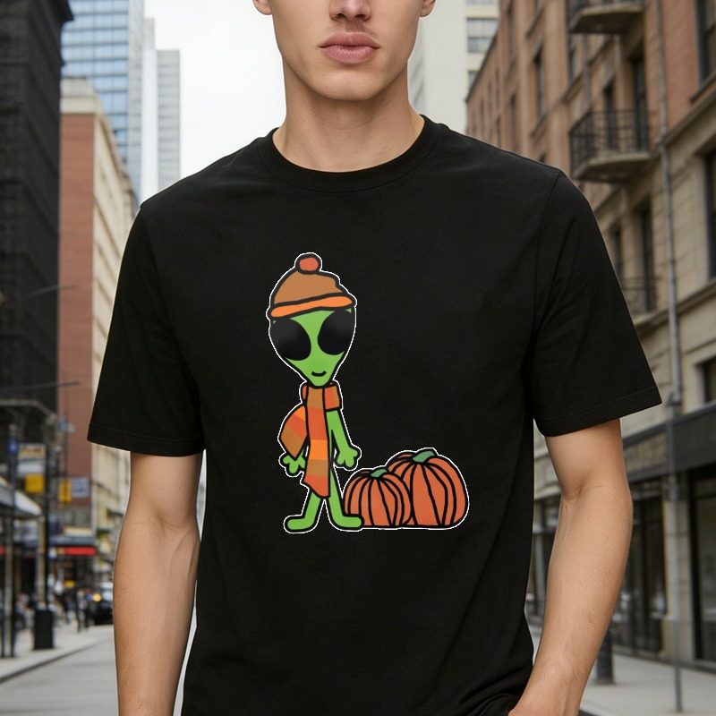 Cute Green Alien Wearing Orange Beanie And Scarf With Pumpkins Halloween Theme T-shirt