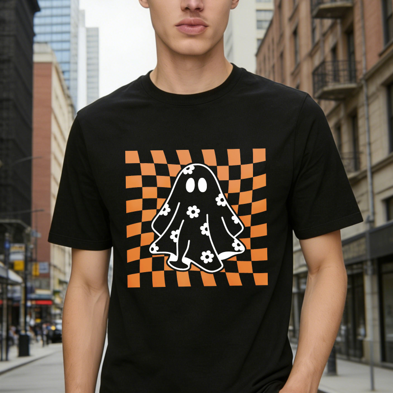 Cute Ghost With Flowers On Orange Checkerboard Background Unisex Classic T-shirt