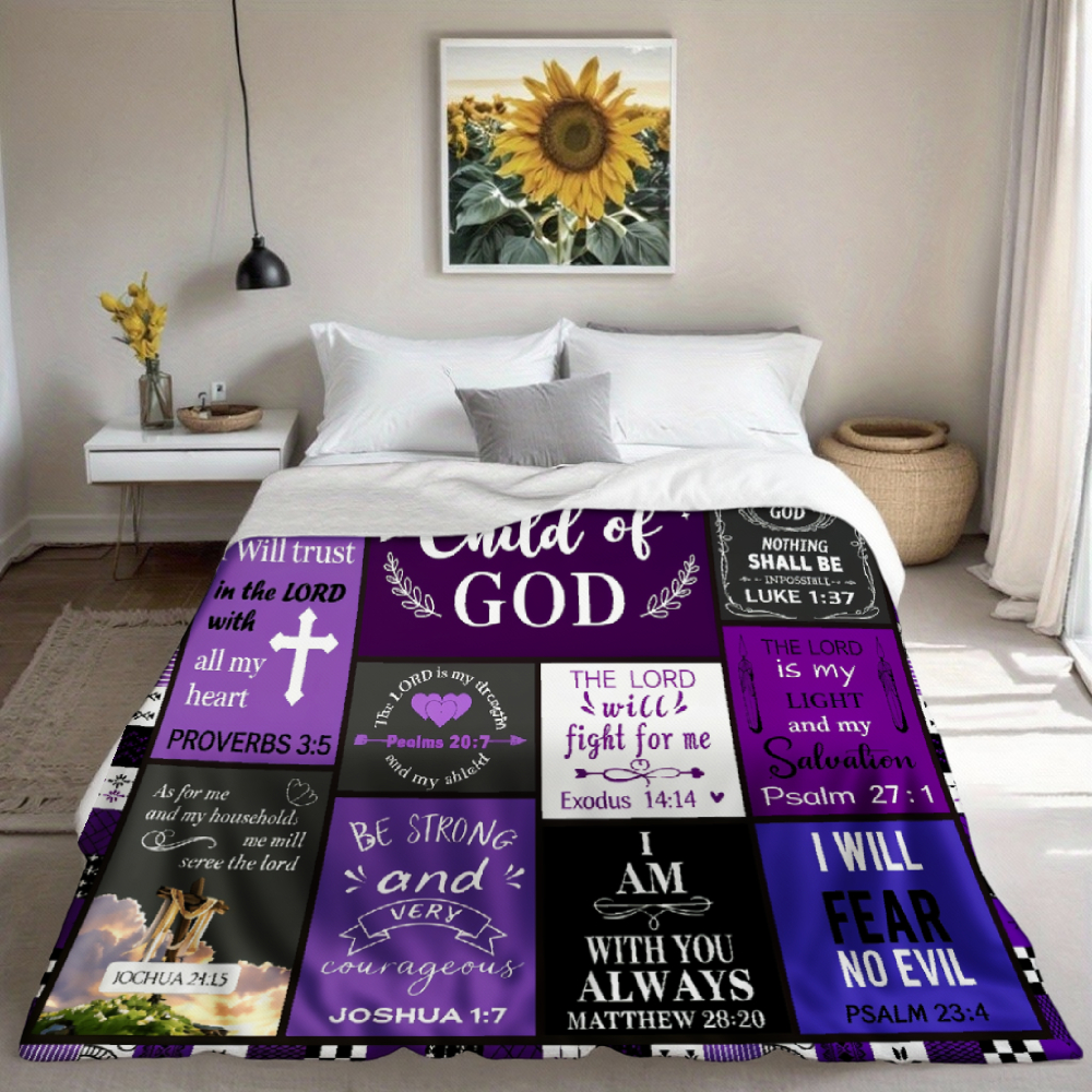 Faith Affirmation Patchwork Throw Blanket, Purple Scripture Grid Soft Flannel Blanket