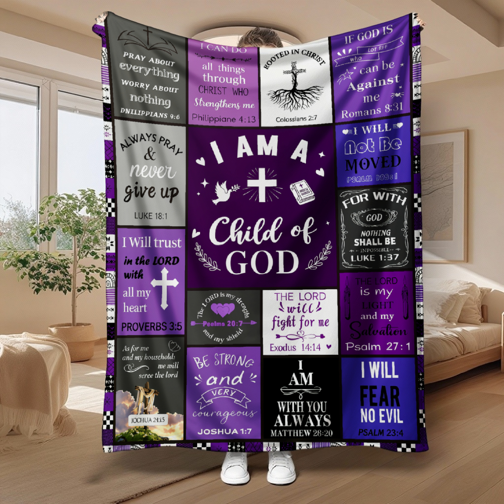 Faith Affirmation Patchwork Throw Blanket, Purple Scripture Grid Soft Flannel Blanket