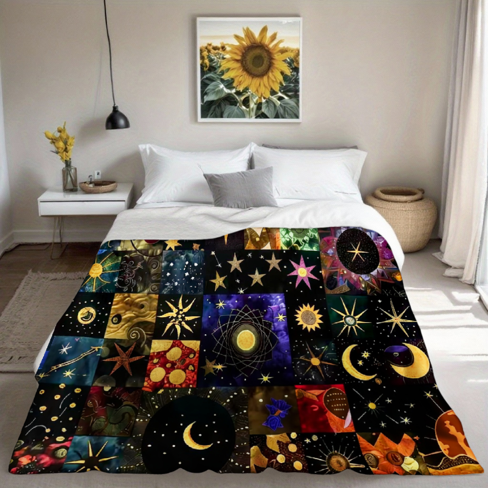 Celestial Patchwork Star Moon Throw Blanket, Mystical Galaxy Art Soft Flannel Blanket