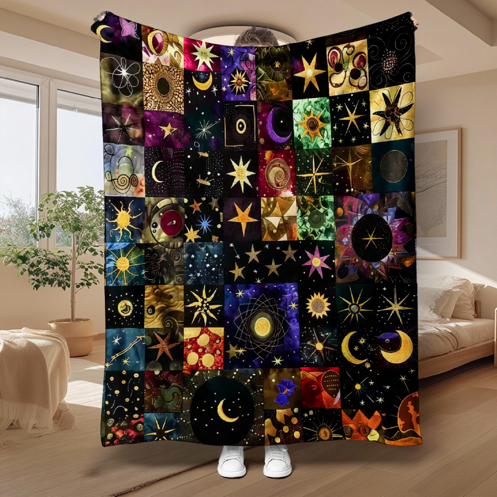 Celestial Patchwork Star Moon Throw Blanket, Mystical Galaxy Art Soft Flannel Blanket