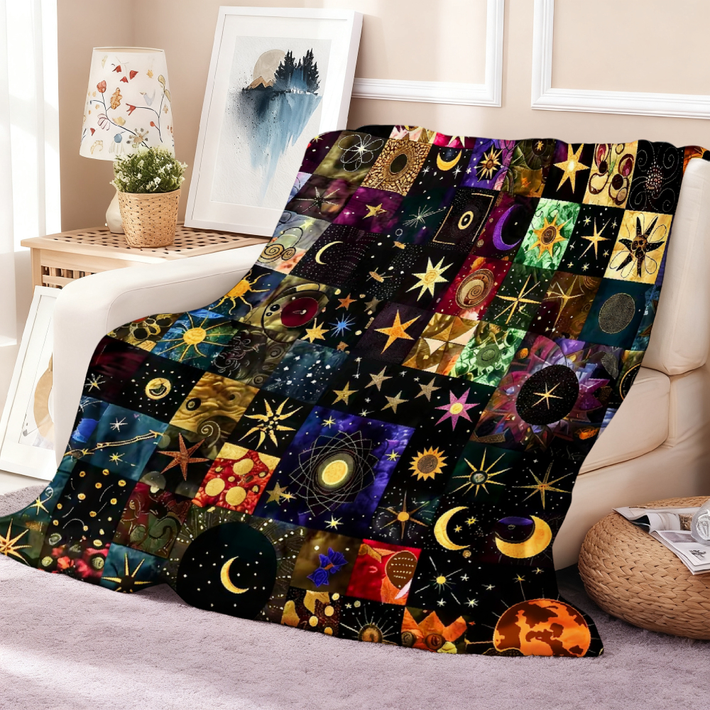 Celestial Patchwork Star Moon Throw Blanket, Mystical Galaxy Art Soft Flannel Blanket